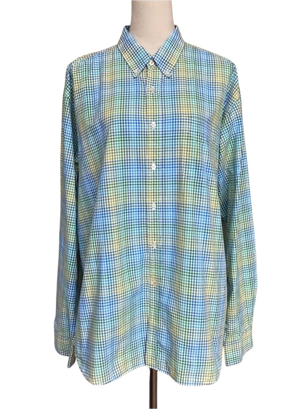 J McLaughlin Green Blue Plaid Cotton Button Down Long Sleeve Shirt Size …New